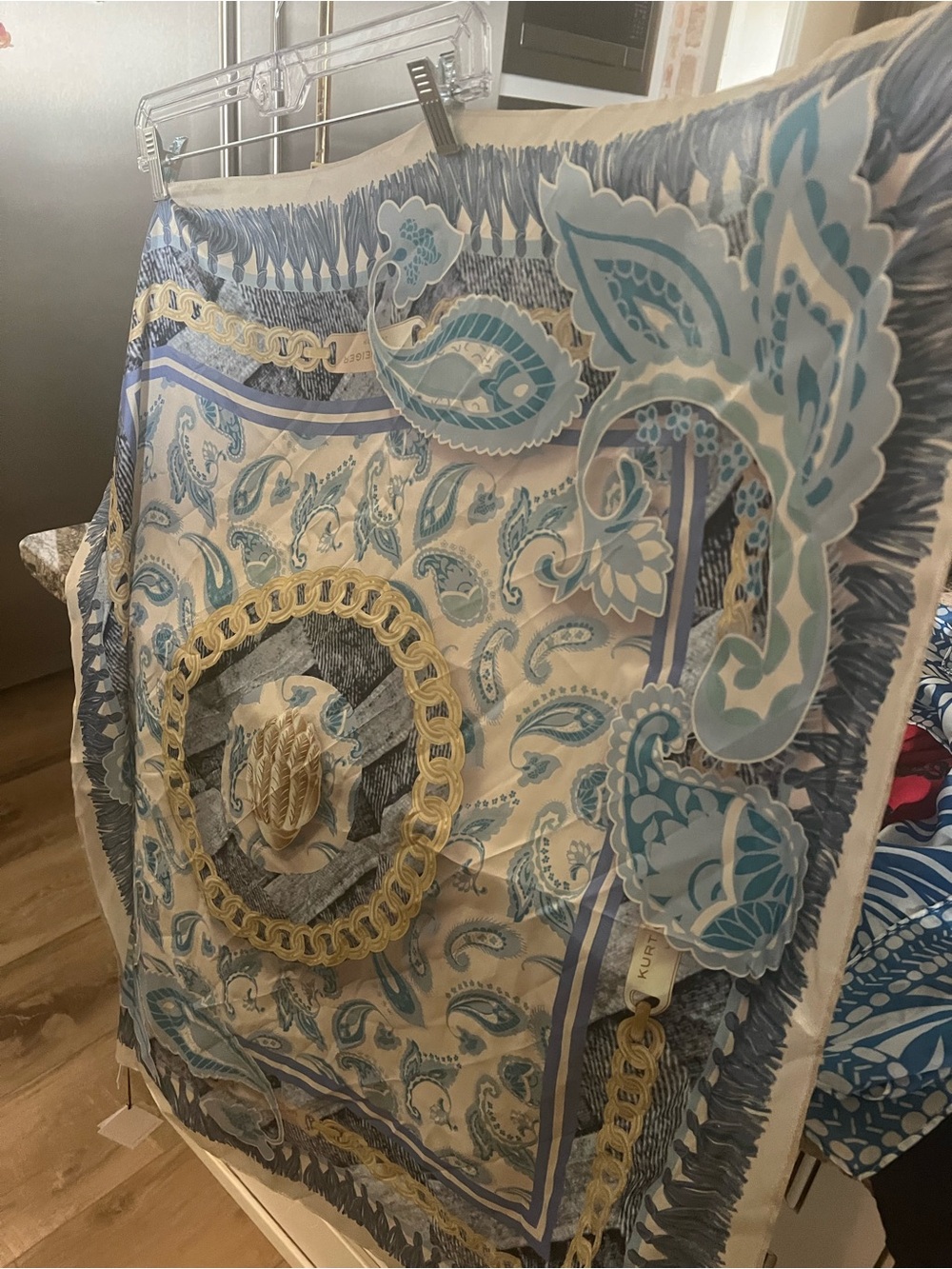 Kurt Geiger Blue, Cream & Gold Paisley Accent Silk Scarf! NWT!